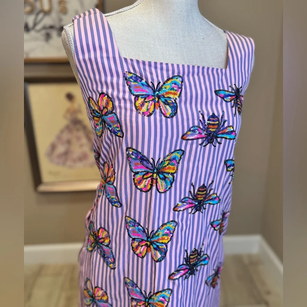 New! QUEEN OF SPARKLES Striped Sequin Butterfly & Bee Midi Dress